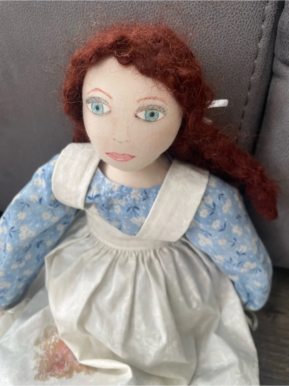Handmade Redhead Cloth Doll in Blue Floral Dress and Cream Apron